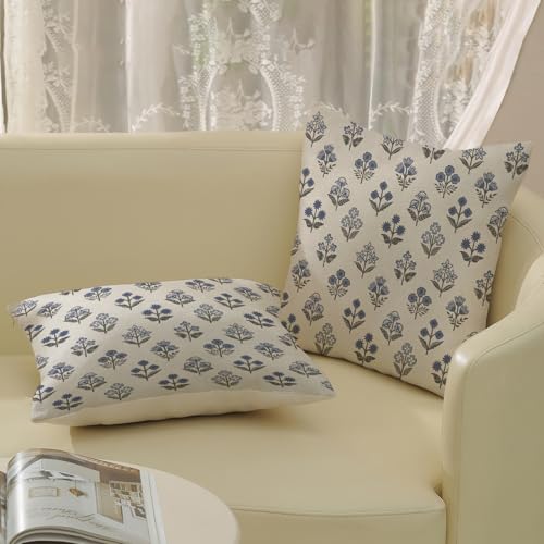 Blue Grey Pillow Covers 16x16 Inch 2 Pcs Gray Block Print Vintage Floral Decor Throw Pillows Boho Flower Spring Summer Outdoor Seasonal Decoration Pillowcase Linen Cushion Cover for Couch Sofa - color: Blue Grey Block Print Floral, size: 16" x 16" (Pack o