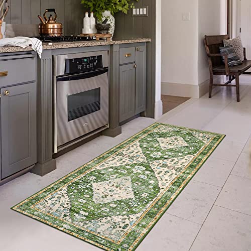 Lahome Felice Boho Tribal Rug - 2x6 Green Bathroom Rug Runner Laundry Room Mat, Vintage Soft Washable Non Slip Accent Carpet for Kitchen Living Room Kitchen Sink Bathroom Doorway - color: Green, size: 2' x 6' (Runner)