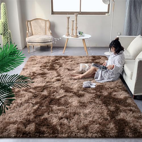 DweIke Fluffy Brown Rugs for Bedroom Living Room, 3x5 Feet Soft Plush Shaggy Tie-Dyed Dark Coffee Girls Boys Kids Rug, Upgraded Non-Slip and Machine Washable Carpet for Dorm Nursery Classroom Decor - color: Tie-dyed Brown, size: 3 Ft X 5 Ft