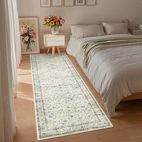 COZYLOOM Beige Vintage Washable Rug for Living Room 2x6 Non-Slip Non-Shedding Floral Runner Rug, Low Pile Stain Resistant Distressed Carpet, Indoor Foldable Floor Mats for Hallway Entryway Bedroom - color: Boho|beige, size: 2' x 6' (Runner)