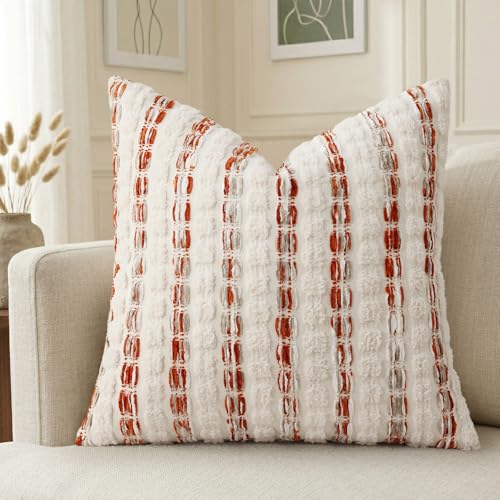decorUhome Boho Throw Pillow Cover 18x18 inch, Soft Textured Decorative Pillow Cover with Tufted Striped Design for Couch, Sofa, Living Room, Orange