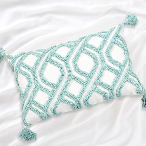 Boho Pillow Covers 12X20 Inch Boho Tufted Throw Pillow Covers Decorative Tassels Cushion Cover Farmhouse Pillow Case for Couch Sofa Bed Living Room Bedroom, Aqua Green - color: Boho Aqua, size: 20" x 12" (Pack of 1)