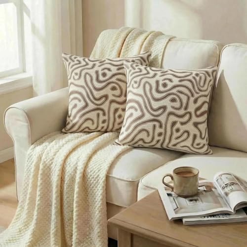 Mantle & Mason Throw Pillow Covers 18x18 Chenille Pillow Covers Set of 2, Beige Modern Abstract Luxury Textured Decorative Pillow Cover for Couch Sofa Bed Living Room - color: Artflow Beige, size: 18" x 18" (Pack of 2)