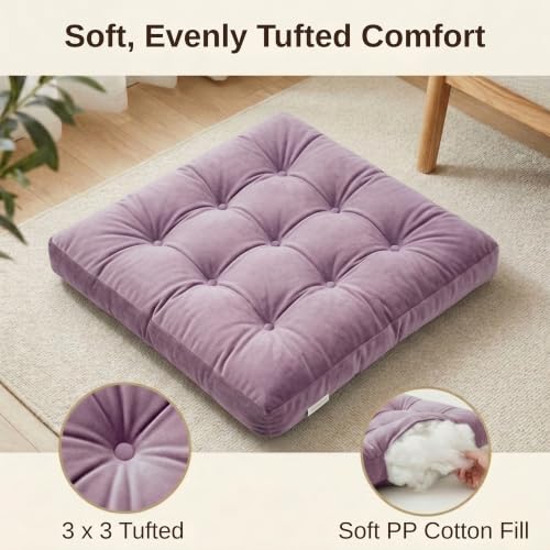 Floor Pillow for Adults, Soft Velvet Floor Cushion for Sitting, Single Square Tufted Floor Pillow for Reading Nook, Living Room, Bedroom, 22 x 22 Inch, Lavender - color: Lavender, size: 1pack
