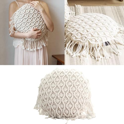Boho Cushion Covers Hand Woven Pillowcase Round Shape Pillow Cover with Tassel Macrame for Bed Couch Car Home Decor Cream