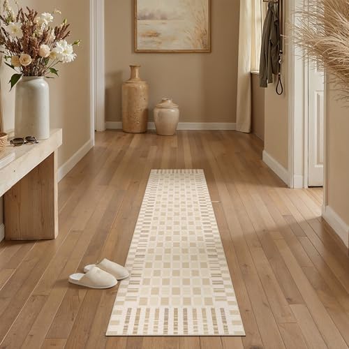 PureCozy Machine Washable Beige 2x6 Runner Rug for Hallways Indoor Kitchen Long Carpet Non-Slip Low Pile Modern Soft Accent Throw Rugs for Entrance Bedroom Dining Laundry - color: Beige, size: 2' x 6' (Runner)