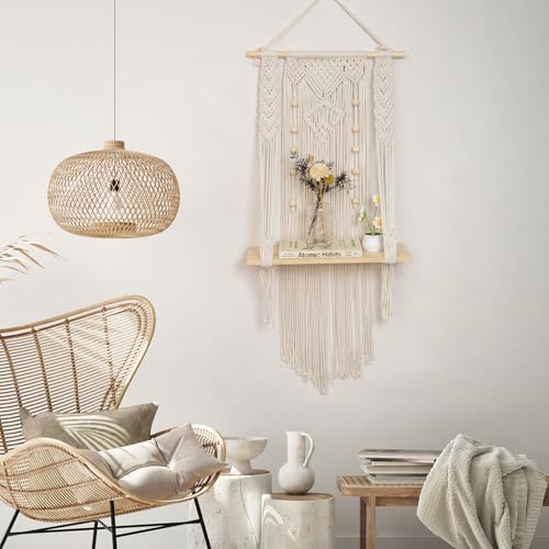 HVEST Macrame Wall Hanging Shelf Boho Decor Handmade Woven Tapestry for Bedroom, Macrame Wall Art Wood Floating Shelf for Living Room Office Nursery Decor Plant Hanger, 34.2L X 15.7W inches - color: Beige