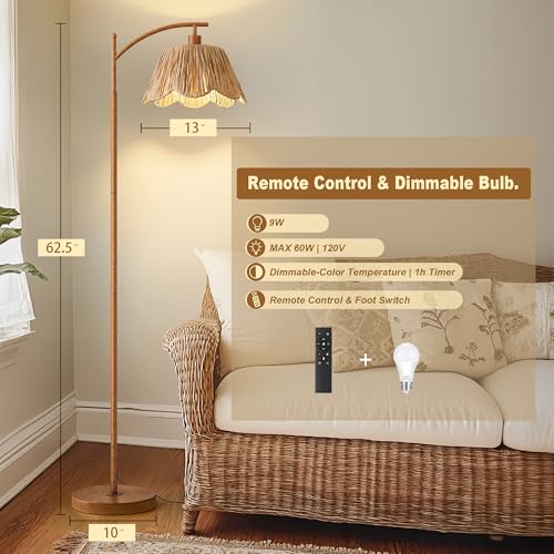 Oneach Boho Floor Lamp for Living Room with Remote & Dimmable Bulb, Farmhouse Floor Lamps with 3 Color Temperatures, Rattan Floor Lamp for Bedroom, Walnut - color: Light Walnut