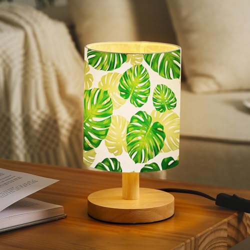 VIHOSE Jungle Animal Table Lamp Bedside Table Lamp Monstera Palm Leaves Vintage Nightstand Light with Linen Fabric Shade Solid Wood Base Decoration for Living Room Bedroom Desk Dorm - style: Palm Leaves