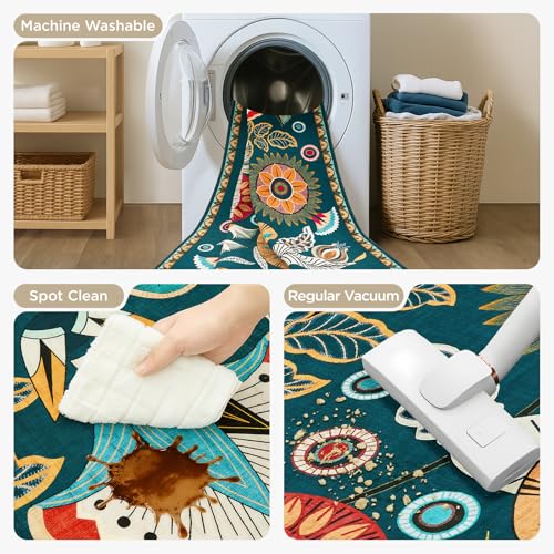 Joydeco Egypt Floral Machine Washable Living Room Area Rugs 5x7, Boho Vintage Dark Green Rug for Bedroom Nursery, Non Slip Ultra-Thin Throw Carpet for Playroom Dining Room Classroom - color: Dark Green, size: 5' x 7' (Rectangular)