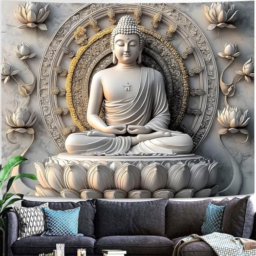 FENDROM Vintage Sitting Buddha Tapestry Wall Hanging Buddhist Statue Tapestries Lotus Meditation Wall Decor Psychedelic Indian Zen Art for Bedroom Living Room Home Decor - color: Beige, size: 59"L x 51"W