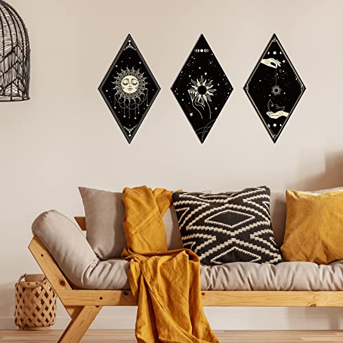 Sintuff 6 Pieces Gothic Wall Decor Boho Sun Moon Phases Wall Art Gothic Minimalist Stars Sun Hanging Wooden Home Decor Farmhouse Pediments for Gallery Living Bedroom Room(Boho) - style: Bohemian