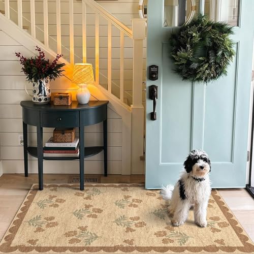 3x5 Floral Entry Rug - Small Washable Indoor Outdoor Mats for Front Door Non-Slip Jute-Look Porch Rug Boho Tan Scalloped Throw Rugs for Living Room Bedroom Entryway Kitchen Office Porch Decor - color: Flower - Wheat/Tan/Sage, size: 3' x 5' (Rectangular)
