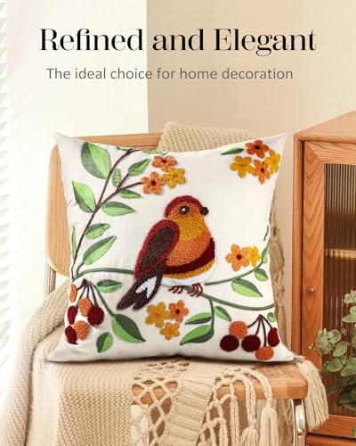 Embroidered Throw Pillow Cover - 18x18 Decorative Pillow Cover with Zipper Aesthetic Cute Design Boho Spring Summer Throw Pillowcase for Living Room Couch Sofa Bed, Tree Bird - color: Tree Bird, size: 18" x 18" (Pack of 1)
