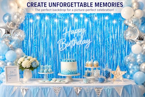 Sky Blue Fringe Curtain Backdrop 2 Pack, Foil Tinsel Curtain Decorations, Metallic Fringe Backdrop for Birthday Party, Baby Shower, Photo Booth, Blue Party Decorations - color: Sky Blue