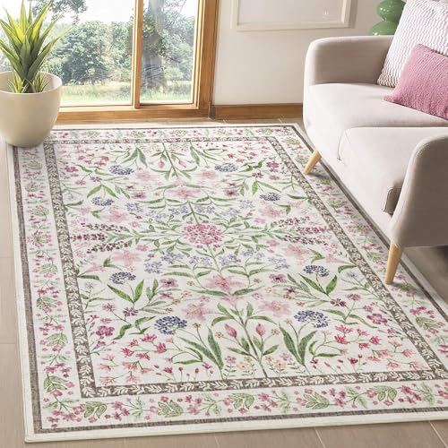 Amearea Floral Area Rugs for Living Room, 5x7 Feet Boho Pink Rugs for Bedroom Girls, Cute Kids Room Print Carpet Vintage Low Pile Machine Washable Area Rug, Office Nursery Dining Room Farmhouse Decor - color: Pink, size: 5x7 Feet