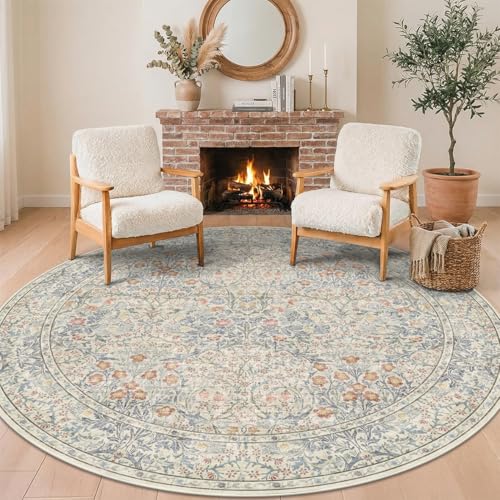 Hazo Haus Beige Blue Large Round Rug for Living Room - 8ft Circle Area Rug for Bedroom, Kids Room, Home Office, Foyer, Non Slip Washable Botanical Floral 8 x 8 Décor - color: Beige Blue, size: 8' (Round)