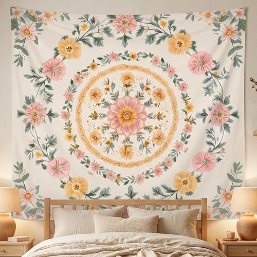 Alened Boho Mandala Tapestry Wall Hanging decor,Pink Floral hippie Tapestries,Decor for Bohemian bedroom Aesthetic（51"×60"） - color: pink Tapestry, size: 60"L x 51"W
