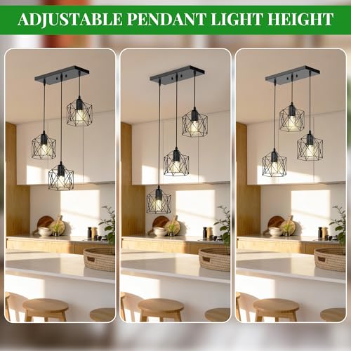 3 Light Pendant Lighting, Farmhouse Hanging Light Fixture for Kitchen Island & Dining Room, Industrial Vintage Ceiling Lamp with E26 Base, Adjustable Height, Matte Black - color: Long Base Metal Pendant - 3-Light (Black)