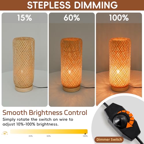 Behemian Bamboo Table Lamp, Dimmable Rustic Farmhouse Hand Wicker Desk Lamp Bedside Lamps Night Light Decorations for Bedroom, Living Room, Home Office, Nursery, Reading Nook (Bulb Included)