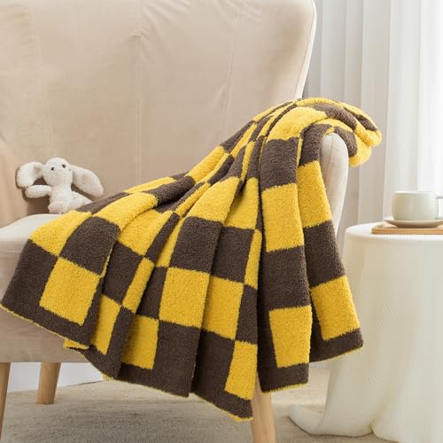 Carriediosa Checkered Throw Blanket 50" X 60", 400GSM Ultra Soft Microfiber Fuzzy Fluffy Reversible Cute Preppy Knitted Blankets Cozy Plush Fall Throws for Couch, Bed, Sofa, Yellow and Brown - color: Check - Yellow and Brown, size: 50" X 60"