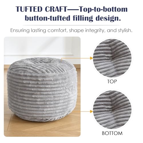 Round Ottoman,Corduroy Pouf Ottoman Foot Rest,Storage Footstool for Living Room,18x14 Soft Floor Poufs,Memory Foam Filling - Light Grey, 18x14 in - color: Light Grey, size: 18"D x 18"W x 14"H