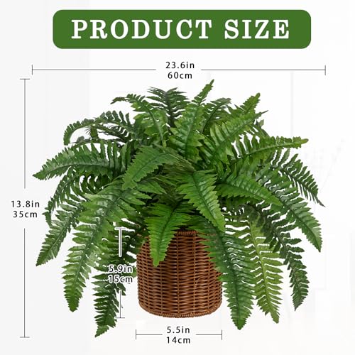Hollyone Fake Fern Potted Plant Artificial Boston Ferns in Pot Woven Basket 35 Leaves Indoor Faux Fern Bush Plant 20inch for Patio Garden Farmhouse Windowsill Office Living Room Home Decor - size: Woven Pot - Long Fern