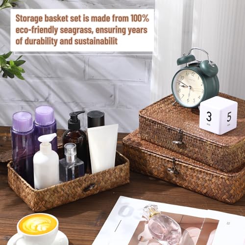 Didaey Set of 4 Seagrass Basket with Lid Wicker Storage Basket Decorative Storage Boxes with Lids Flat Storage Bins Woven Organizer Baskets for Shelf Closet Bedroom, 4 Sizes (Dark Brown) - color: Dark Brown
