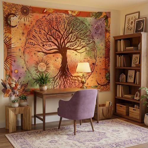 Lifeel Boho Orange Tree of Life Tapestry, Sun Moon Stars Aesthetic Nature Tapestries Home Decor for Living Room Bedroom, 36x48 inches - color: Orange, size: 48"L x 36"W