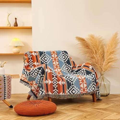 CLOTHKNOW Boho Throw Blankets Aztec Bed Throws Reversible Blue Brown Southwestern Blankets for Couch Chair Sofa Home Outdoor Beach Tent Travel Camping 51''x 70'' - color: Blue Brwon, size: 51''x 70''