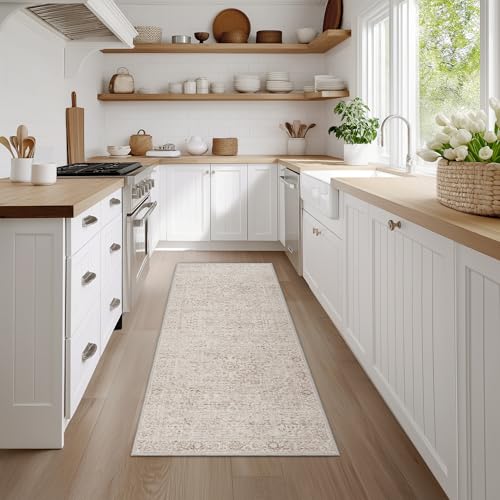 FMFUNCTEX 2x10 Runner Rug Beige Washable Vintage Neutral Oriental Distressed Non Slip Low Pile Indoor Carpet Retro Hallway Entryway Rug for Kitchen Living Room Bedroom Bathroom Laundry Entry Bedside - color: Beige, size: 2' x 10' (Rectangular)