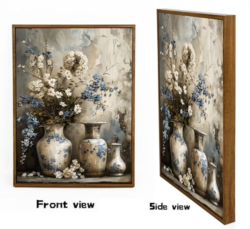 Framed Rustic Farmhouse Floral Canvas Wall Art Blue and White Vase Poster Prints Vintage Still Life Flower Picture Elegant Rural Countryside Painting Wall Decor for Living Room Office Bedroom 12x16in - color: Blue Flower, size: 16"L x 12"W