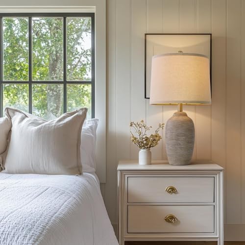USumkky 24.5" Handcrafted Ceramic Table Lamp with 5FT Cord, Single Farmhouse Vintage Rustic Bedside Lighting for Living Room Bedroom Entryway Linen Shade Nightstand End Table Decor (Bulb Not Included) - color: 24.5" Purple-grey