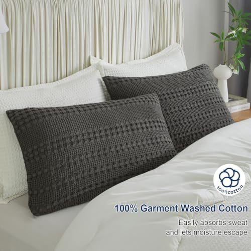 PHF 100% Cotton Waffle Pillow Shams Standard Size, 2 Pack 20" x 26" Soft Skin-Friendly Pillowcases, No Filling, Aesthetic Woven and Breathable Waffle Weave Pillow Case Covers for Bed, Charcoal Grey - color: Charcoal Grey, size: 26" x 20" (Pack of 2)