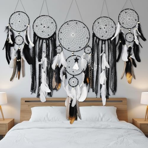 5 Pack Dream Catchers Boho Wall Decor Moon and Sun Feather Handmade Traditional Dream Catcher Wall Hanging Decor for Bedroom Living Room Home Halloween Decorations Witchy Gifts (Black Set) - color: Black