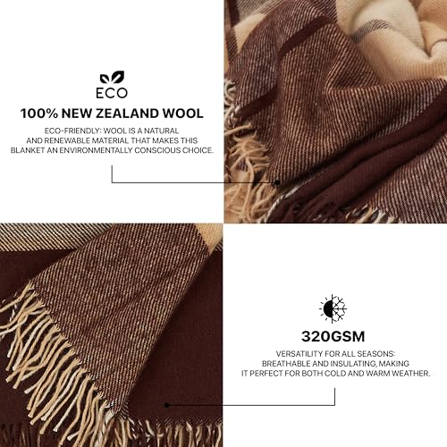 New Zealand Virgin Wool Throw Blanket, Indoor and Outdoor Blankets and Throws, Comfortable Soft Blanket with Fringes and Tartan Pattern, 67 x 79 in, Queen Size, Brown - color: Brown