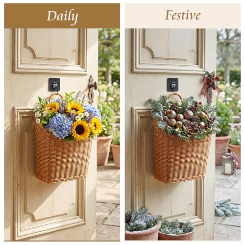 MIPON 2 Pack Handmade Woven Hanging Waterproof Plastic Rattan Wicker Basket | Wall Mounted Organizer, Small & Large Storage, Bathroom, Kitchen, Entryway, Farmhouse Decor