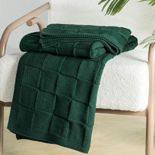 Whale Flotilla Checkered Knit Throw Blanket for Couch, Soft Decorative Knitted Blankets for Sofa Bed, Lightweight Cozy Throws for Spring Summer, 50x60 Inch, Dark Green - color: Dark Green, size: 50x60 Inch