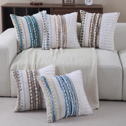 Boho Throw pillow covers 18x18 set of 2 farmhouse decorative Couch pillow covers neutral Accent throw pillows covers striped outdoor cushion covers square textured chenille pillow cases for sofa bed - color: Z Caramel Green