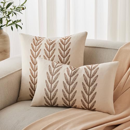100% Cotton Farmhouse Leaves Throw Pillow Covers Set of 2, 18x18 Inch Caramel Pastoral Decorative Print Cushion Covers for Sofa Bed Living Room Home Decor - color: Caramel, size: 18" x 18" (Pack of 2)