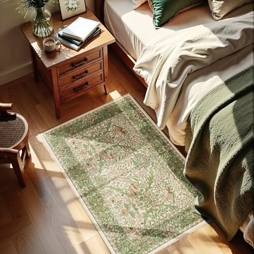 2x3 Floral Washable Area Rug for Entryway, Vintage Boho Rugs for Living Room Bedroom Dining Room, Botanical Birds Non Slip Low Pile Forest Animal Throw Carpet for Farmhouse Office, Retro Pink/Green - color: Pink Green (Larger Pattern), size: 2' x 3' (Rect