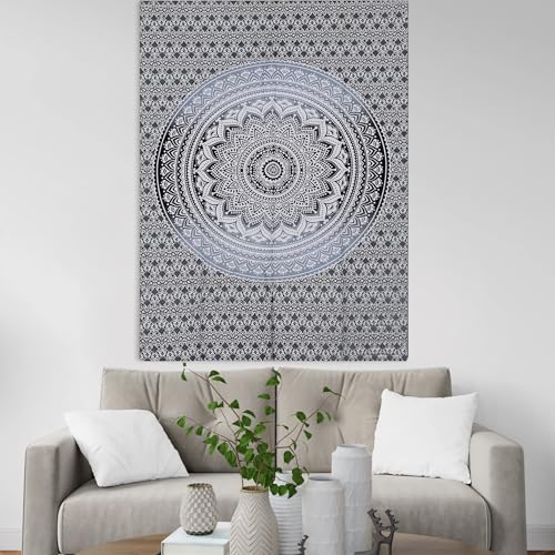 THE ART BOX Indian Cotton Grey Black Mandala Wall Hanging – Tapestry for Bedroom – Indie Wall Decor – Boho Small Tapestry Aesthetic 54x60 Inches - color: Grey and White, size: 60"L x 54"W