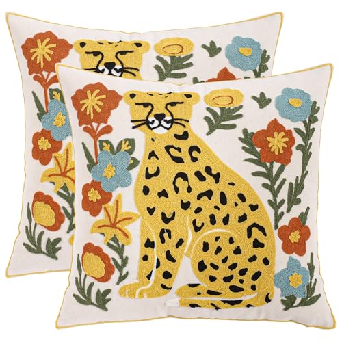 Embroidered Throw Pillow Covers 18x18 Pack of 2 Yellow Leopard Pillow Covers Green Leaves with Floral Pillowcases Boho Pillow Cushion Cases Square Flower Pillowcase Summer Home Decor - color: Yellow Leopard