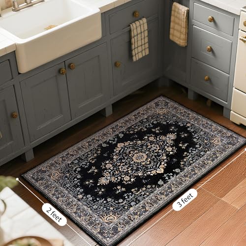 HOMORE 2x3 Area Rug Small Black Rugs for Bedroom, Washable Rug for Entryway, Non Slip Low Pile Indoor Door Mat for Entrance Small Kitchen Rugs Vintage Floral Rug for Living Room Dorm Decor - color: Black, size: 2' x 3' (Rectangular)