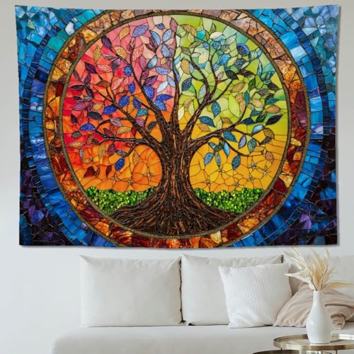 keowhsf Tree of Life Tapestry Wall Hanging – Colorful Stained Glass Look Wall Art with Fantasy Aesthetic, Large Tapestry for Bedroom, Living Room, Home Decor - color: TreeGlass, size: 60"L x 44"W