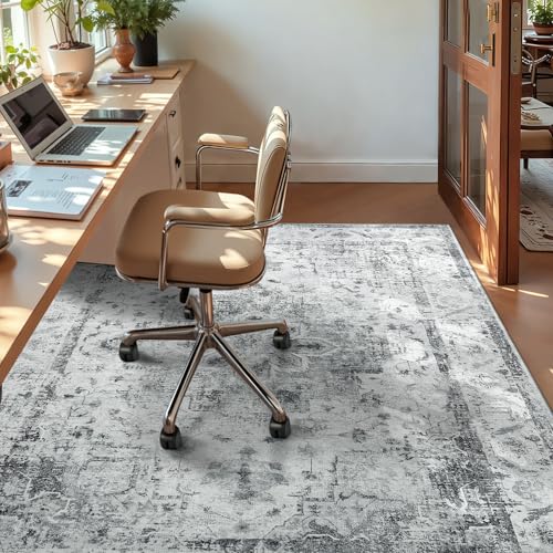 YOH Boho Washable Rug 4x6, Light Gray Vintage Non Slip Area Rug, Distressed Indoor Carpet for Living Room Bedroom Kitchen Office - color: Light Gray, size: 4' x 6' (Rectangular)