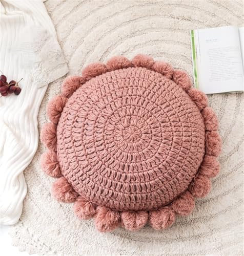 Byitre Bohemian Round Pillow 20 Inch | 100% Cotton Decorative Pillow Hand Tufted with Chunky Textured Poms | Boho Throw Pillow for Bed or Couch | Natural Pink Throw Pillow - color: Sunflower Pink