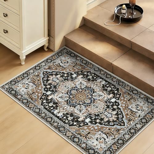 2x3 Black Washable Entry Rug - Non-Slip Rubber Backing Door Mat for Indoor Entryway, Kitchen, Bathroom - Stain & Fade Resistant Small Floral Farmhouse Decor, Black Multi - color: Black & Multi, size: 2' x 3' (Rectangular)