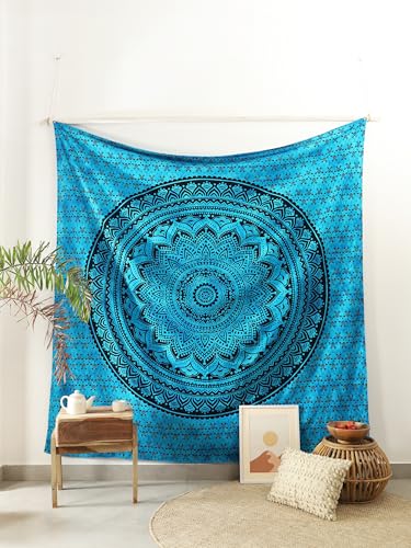 Popular Handicrafts Queen Mandala Hippie Hippy Tie Dye Psychedelic Ombre Tapestry Wall Hanging - Indian Maditation Gypsy Bohemian Dorm Room Decor Tarqouise 81x88 Inch - color: Tarquoise Black, size: 88L" x 81W"