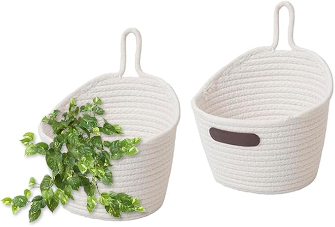 JJSQ 2pack Hanging Baskets Small Wall Hanging Storage Basket Round Woven Rope Wall Oganzier Decor for Flower Plants, Key Storage White 7.8 x 7 inches